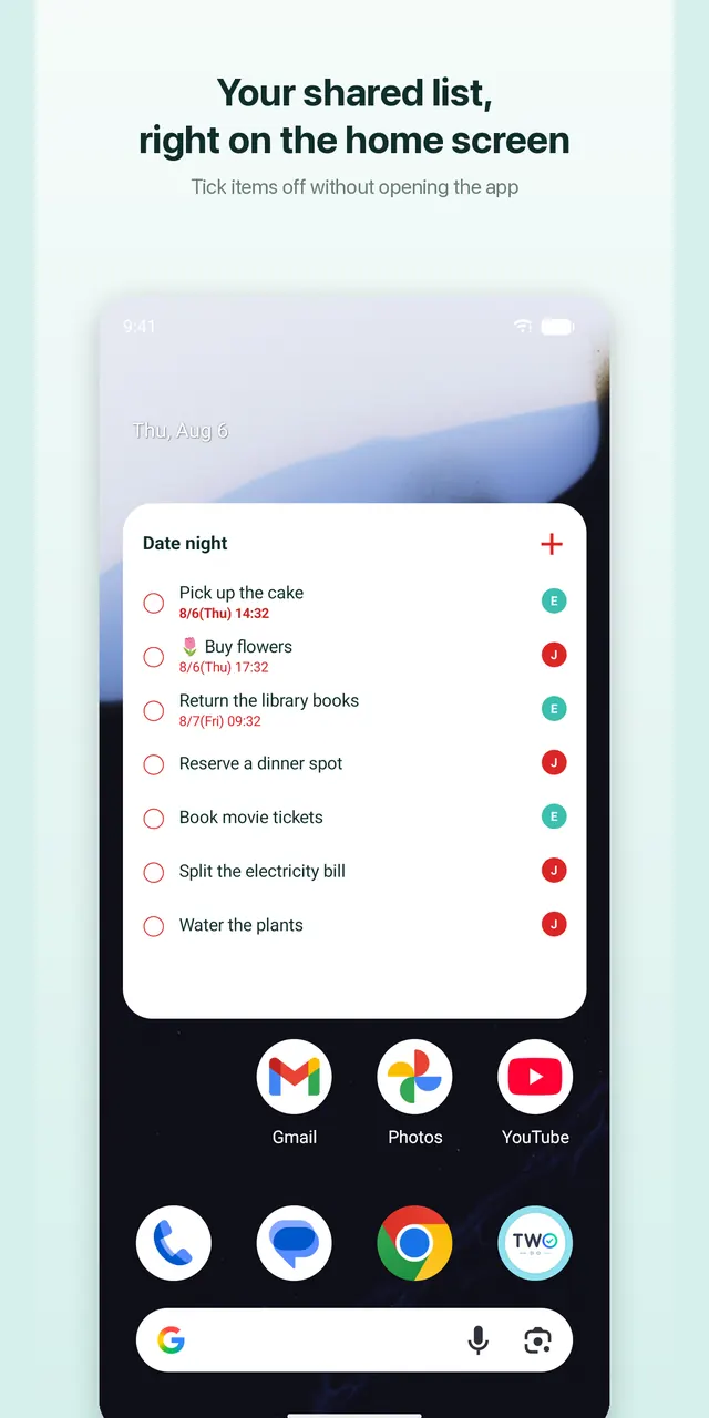 TwoDo shared to-do list shown in an Android home screen widget
