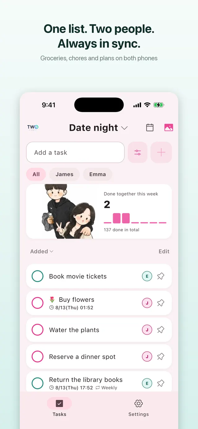 TwoDo shared list with grocery and chore items and assignee badges