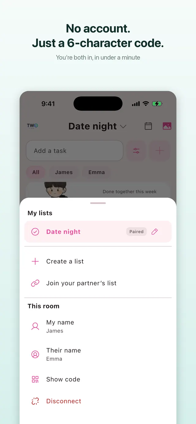 Connecting with a partner in TwoDo using a 6-character code