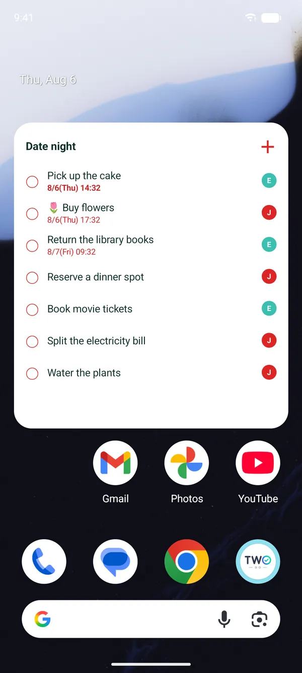 TwoDo shared to-do list on an Android home screen widget