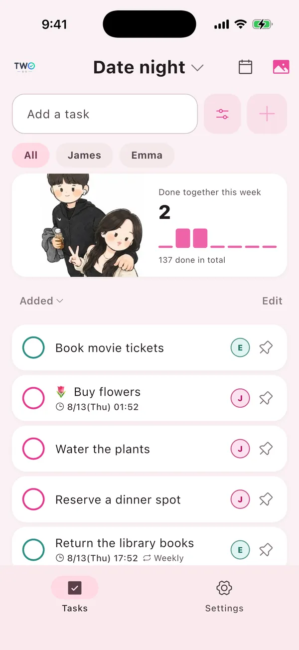 TwoDo list screen with grocery and chore items and assignee badges